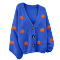 thumbnail image 4 of LEKODE Relaxed Fit Button Down Cropped Pumpkin Knit Cardigan for Women V Neck Bubble Long Sleeve Plain All Season Autumn Outer Layer Coat Blue XL, 4 of 4