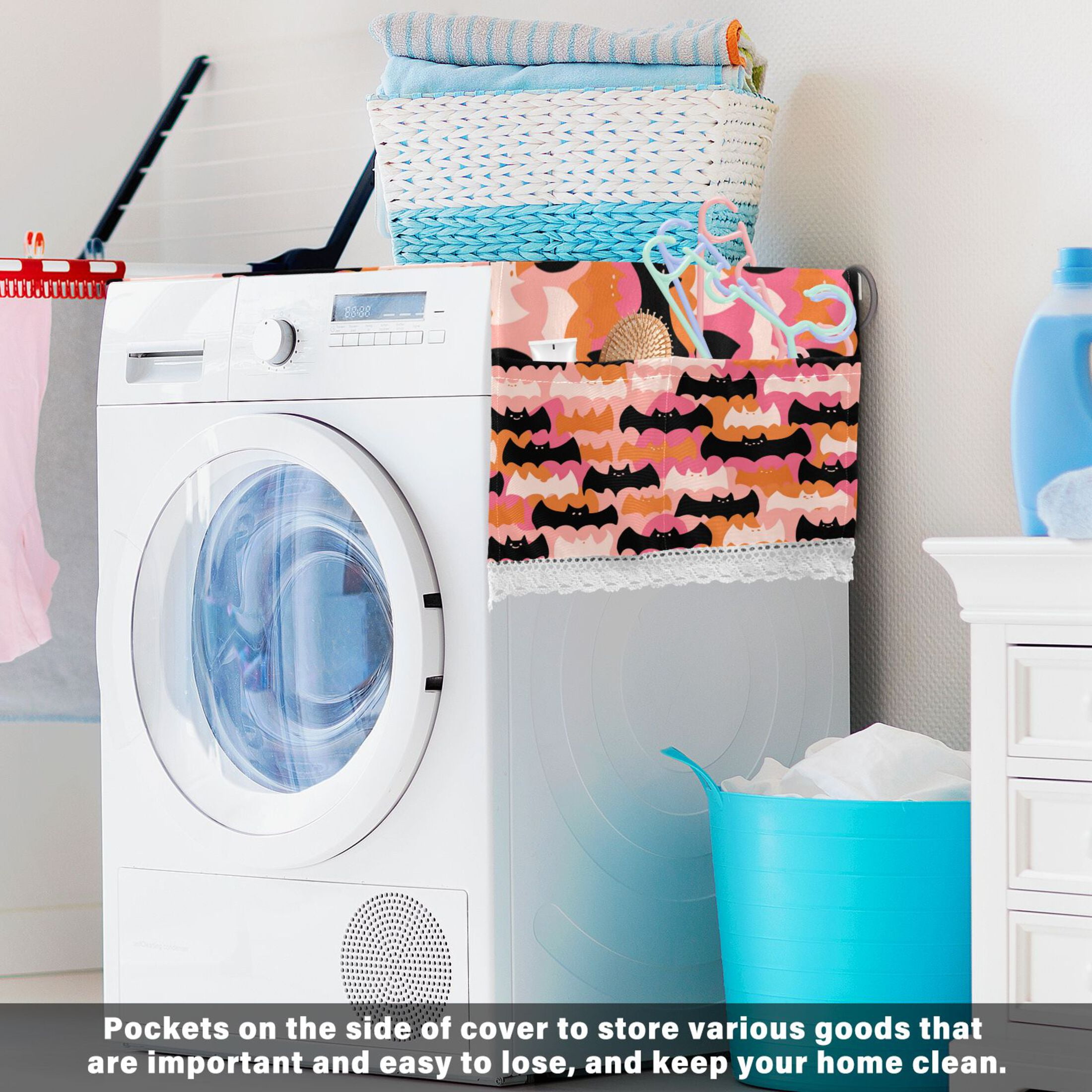 Dustproof Washing Machine Cloth Washer and Dryer Top Covers, Fridge Dust Cover, With Storage Bags Orange and Black Bats