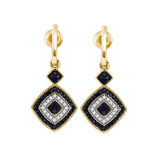 10kt Yellow Gold Womens Round Black Color Enhanced Diamond Concentric Square Dangle Earrings 1/3 Cttw
