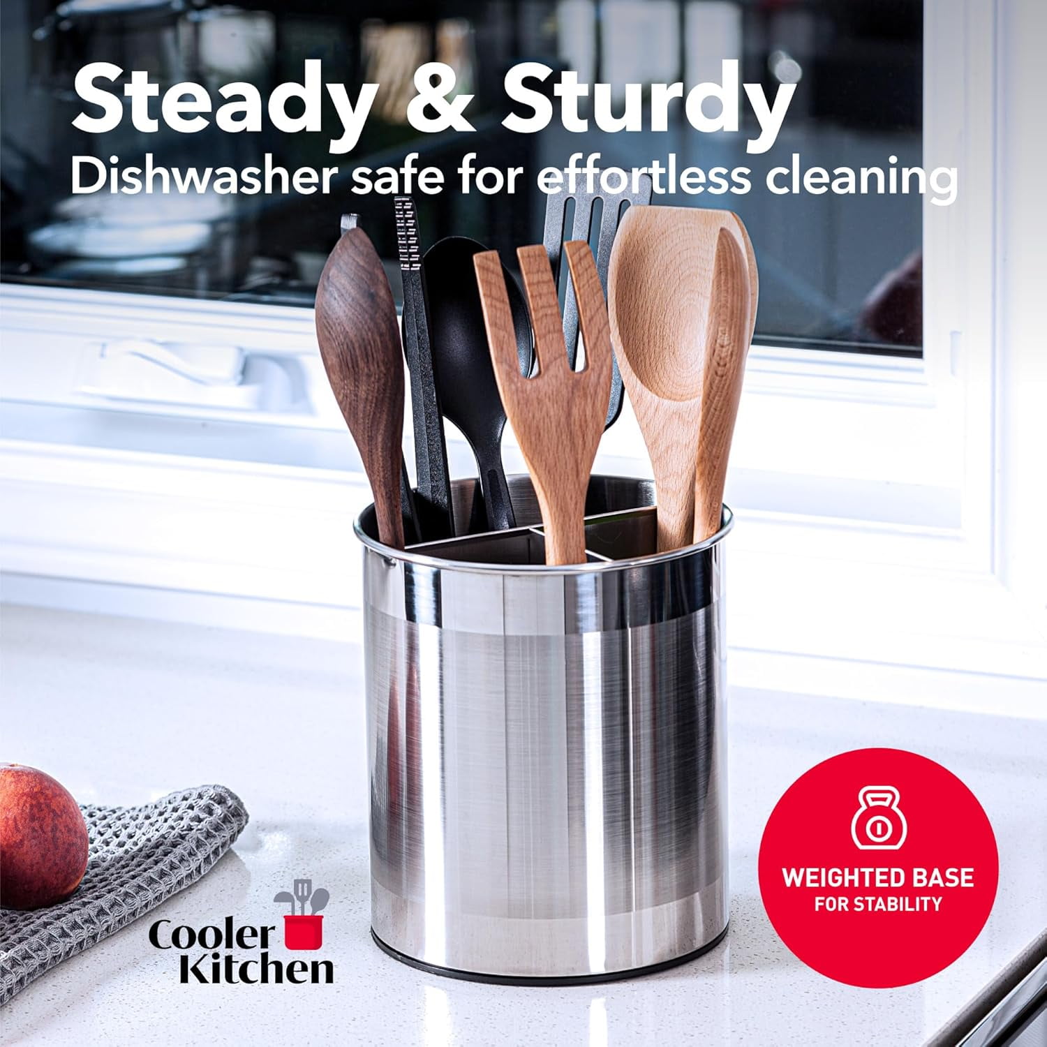 Extra Large Rotating Stainless Steel Utensil Holder with Weighted Base, Removable Divider and Non-Slip Insert