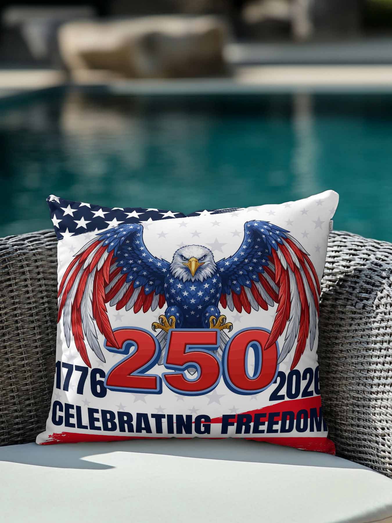 1 Pack Outdoor Throw Pillow, 250 Year American Anniversary Flag Waterproof Pillow with Insert Included, Eagle Red Blue Decorative Accent Cushion Sofa Pillows for Patio Porch, 16 x 16 In