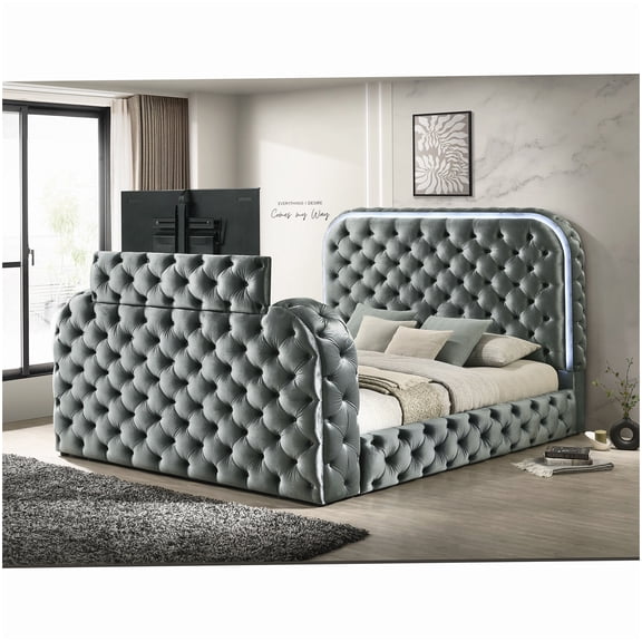 MANGIJOY Modern Queen Platform Bed with Bluetooth Speaker, LED Fireplace, and TV Stand in Gray Velvet, Remote Control