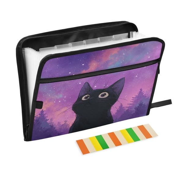 Accordion File Organizer with Zip Closure 13 Pockets Expanding File Folder Letter A4 Paper Document Organizer for Home Office Purple Sky and Black Cat
