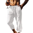 thumbnail image 3 of BiZtdJrK Lounge Cotton Linen Pants for Men Cinch Bottom Drawstring Elastic Waist Capri Pant Loose Lightweight Breathable Summer Beach Capris with Pockets White XL, 3 of 6