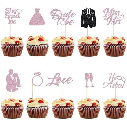 12pcs Bride to Be Cupcake Toppers Glitter Engagement Cupcake Toppers Glitter Diamond Ring Heart Love I Do Cupcake Picks for Wedding Engagement Bachelorette Party Supplies（Pink）