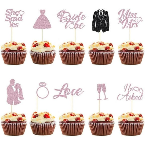 12pcs Bride to Be Cupcake Toppers Glitter Engagement Cupcake Toppers Glitter Diamond Ring Heart Love I Do Cupcake Picks for Wedding Engagement Bachelorette Party Supplies（Pink）