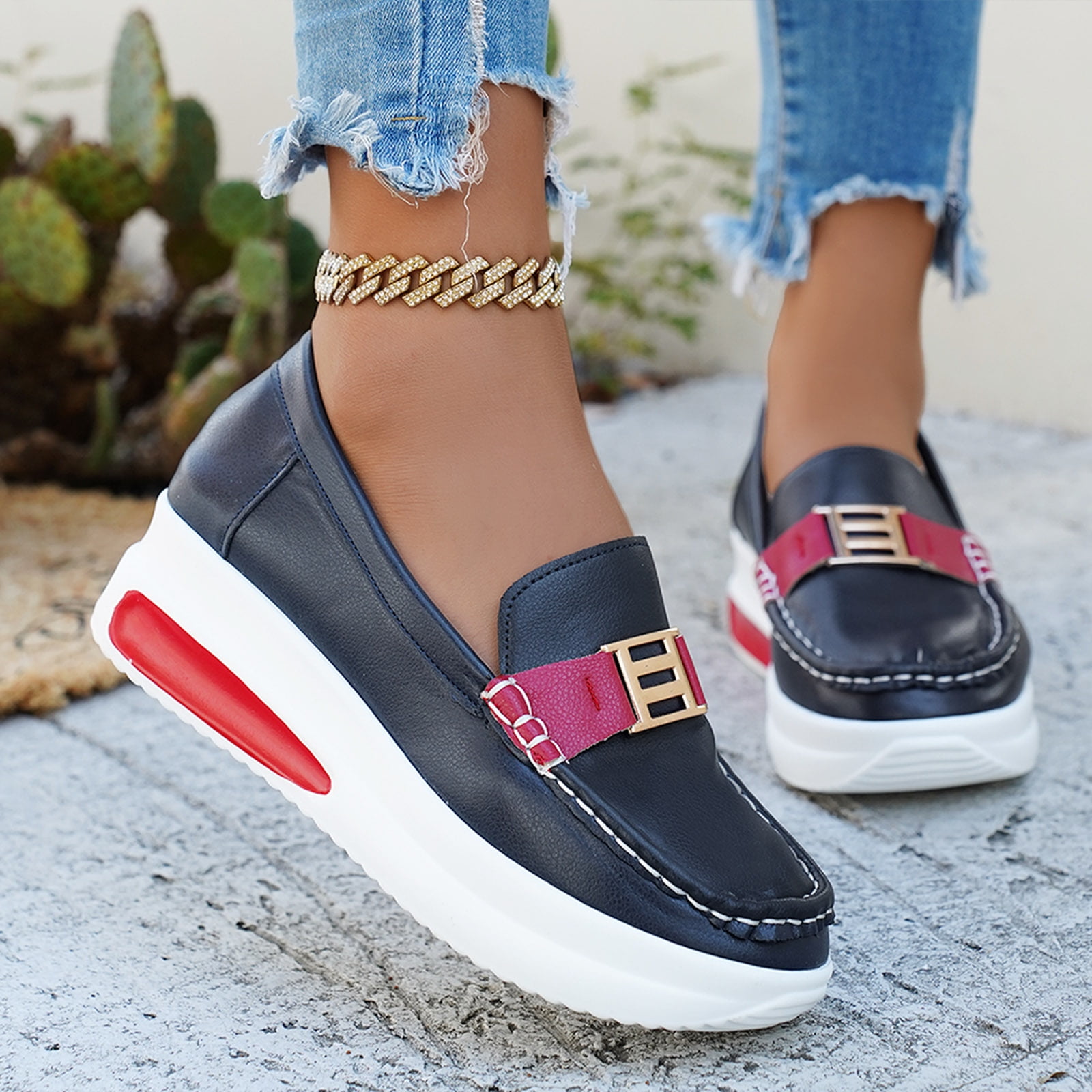 Rokment Women's Platform Wedge Walking Shoes Low Top Fashion Sneakers 2026 Spring Fall Leather Chunky High Heel Slip-on Nursing Work Loafers Red Size 7.5