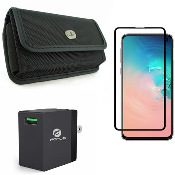 Galaxy S10e Fast Home Charger w Screen Protector w Case Belt Clip - 18W USB Quick Charge Port, Tempered Glass 5D Curved Edge, Rugged Holster Canvas for Samsung Galaxy S10e Phone