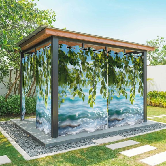 Summer Ocean Outdoor Curtains for Patio Waterproof, Grommet Outdoor Privacy Panels, Nature Coastal Sea Waves Green Leaves Weatherproof Outside Curtains for Porch/Cabana 54"Wx95"L, 1 Panel
