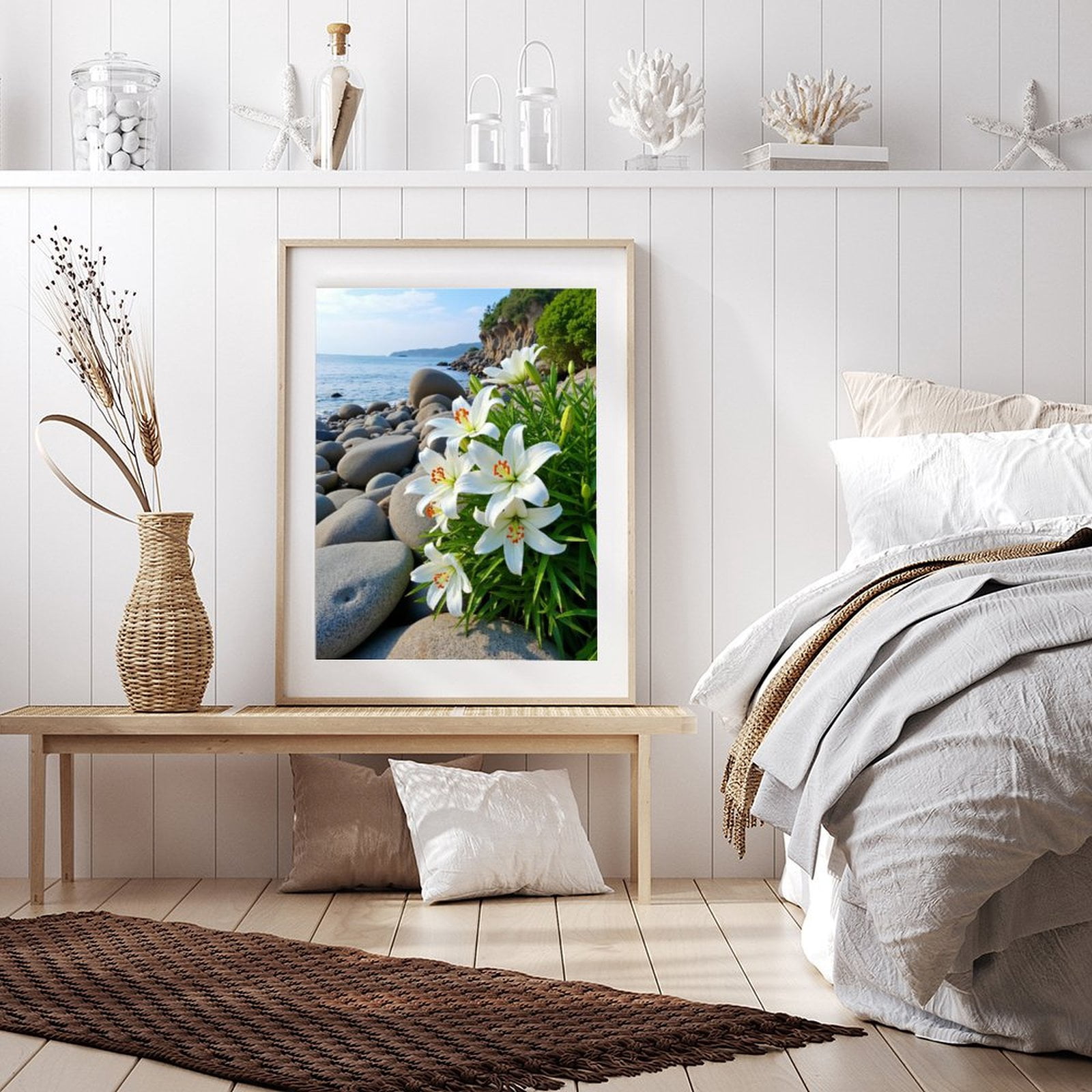 Diamond Art Kit for Adults, White Lilies Coastal Rocks Ocean Diamond Painting for Adults Beginners, 5D DIY Diamond Art Painting Kits, Colorful Diamond Painting Craft for Home Decor 12x16 Frameless