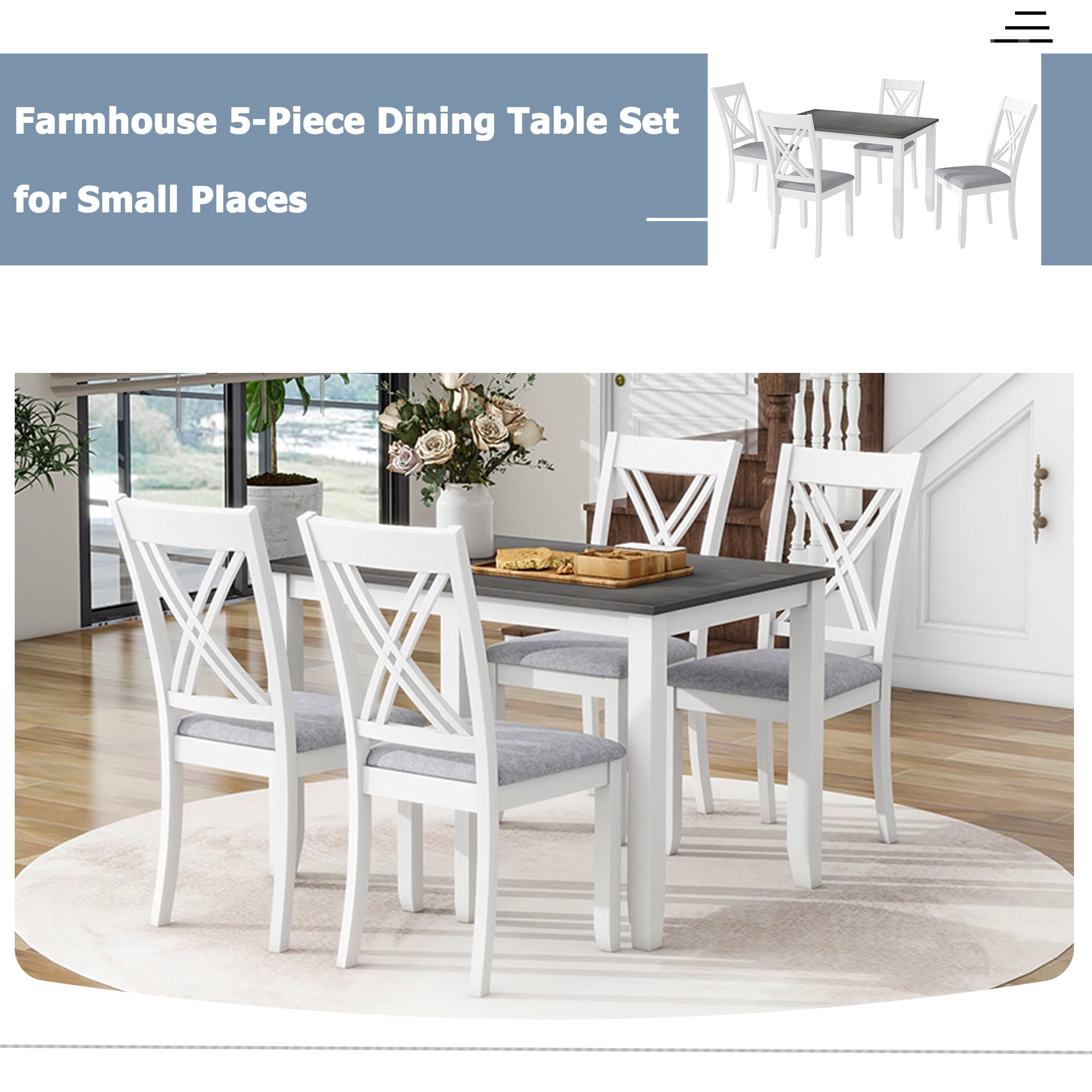 MAYEERTY Rustic Minimalist 5-Piece Dining Table Set with 4 X-Back Chairs, Gray – Perfect for Small Spaces
