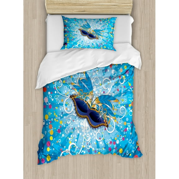 Mardi Gras Twin Size Duvet Cover Set, Blue Backdrop with Colorful Dots Spots and Carnival Mask with Stylized Swirls, Decorative 2 Piece Bedding Set with 1 Pillow Sham, Multicolor, by Ambesonne