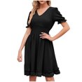 thumbnail image 2 of COSFO Long Sleeve Womens Fall Dresses Black Solid V-Neck Casual Midi Dress Flowy A-Line Elastic Wais Boho Dress, 2 of 6