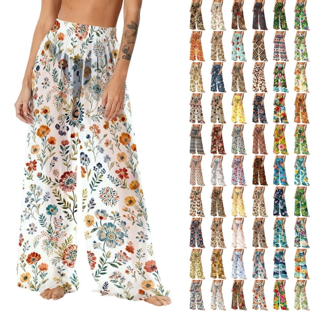 Pincandy Women See Through Sheer Mesh Pants Beach Swimsuit Bikini Bottom Cover up Party Club Elastic High Waist Wide Leg Pants