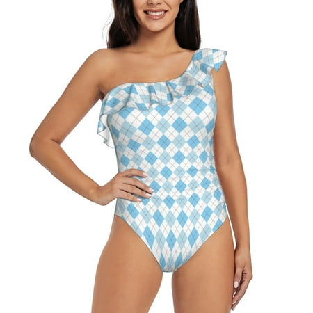 Gukieu Blue and White Squares Print One-shoulder Ruffled One-piece Swimsuit with Removable Chest Pads and Tummy-control Swimsuit for Women-Large