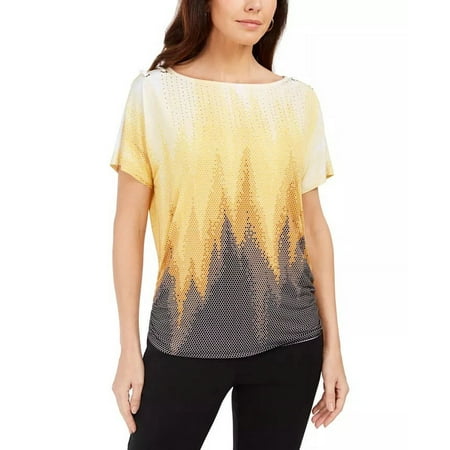 JM Women's Collection Printed Dolman-Sleeve Grommet Top Yellow Size Extra Large