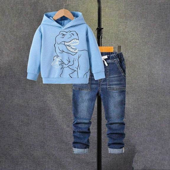 Bnwani Hoodie Set for Boys Denim Hoodies Long Sleeve Crew Neck Flannel Thick Dinosaur Print Sweatshirts with Pockets and Pants