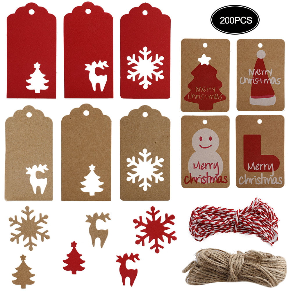 SULOLI Christmas Gift Tags 100 Pieces Colorful Xmas Kraft Paper Tags Hanging Labels with Organza Strings for Xmas Gift Decorations Assorted 10 Styles