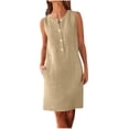 thumbnail image 5 of Tqcoqu Women's Linen Blend Sleeveless Henley Neck Button Placket Shift Dress with Pockets,Khaki Women's S-XXL, 5 of 9