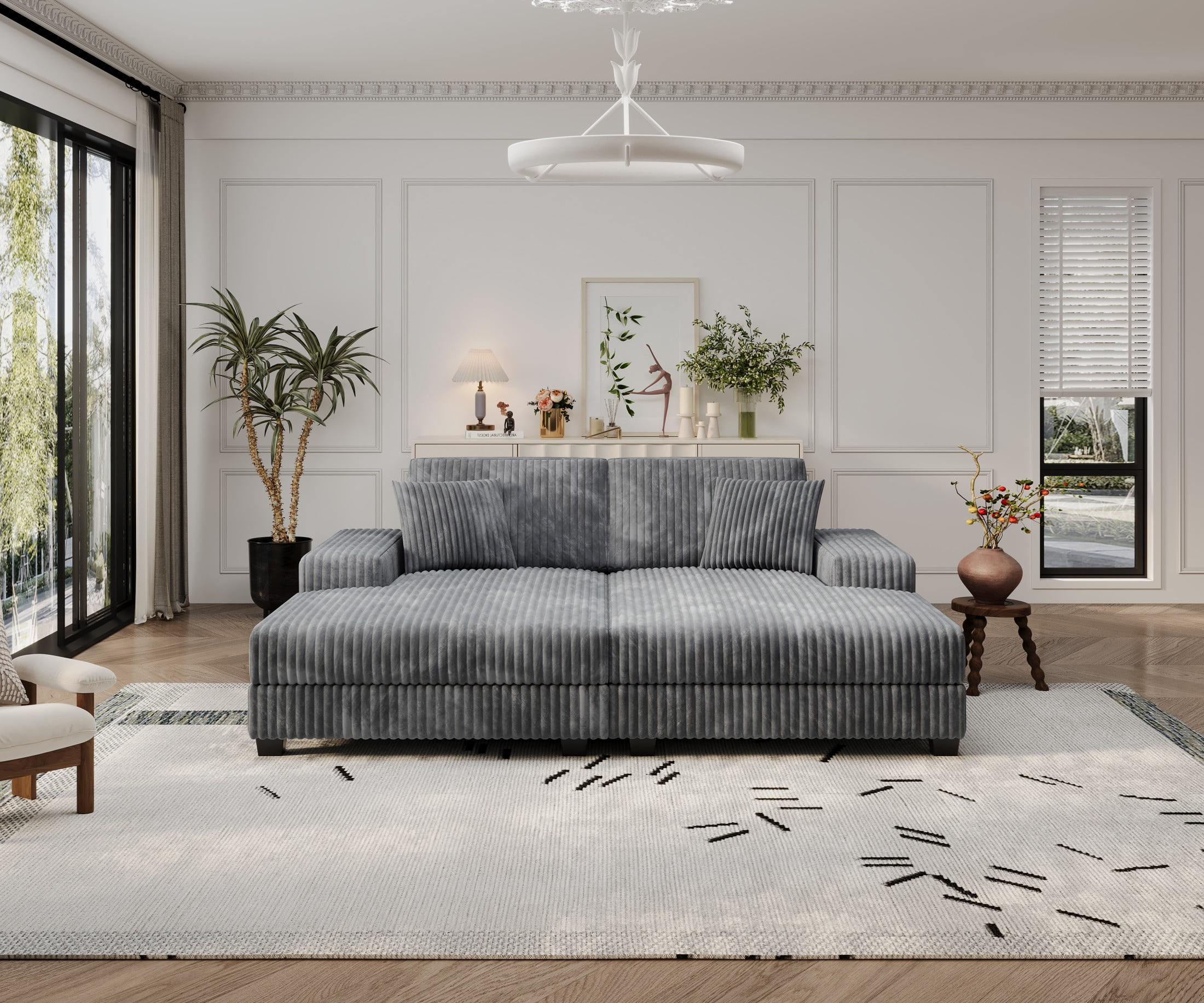 Aukfa 79.5" Oversized Double Chaise Lounges Sofa, Plush Corduroy Sectional with Storage Armrests, Memory Foam Loveseat Sleeper Sofa Couch for Living Room/Bedroom, Gray