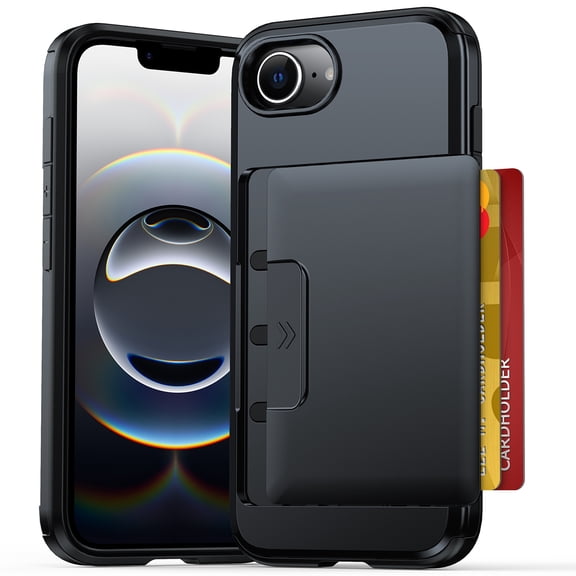 Dteck Wallet Back Case for iPhone 17e / iPhone 16e,Shockproof Dual Layer TPU   PC Protective Cover with Hidden Credit Card Holder Case, Black