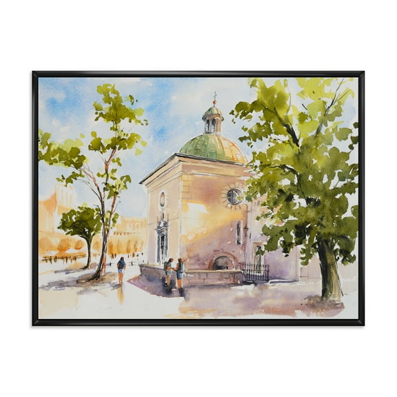 Designart 'People At Rustic Church In The Village' Country Framed Canvas Wall Art Print