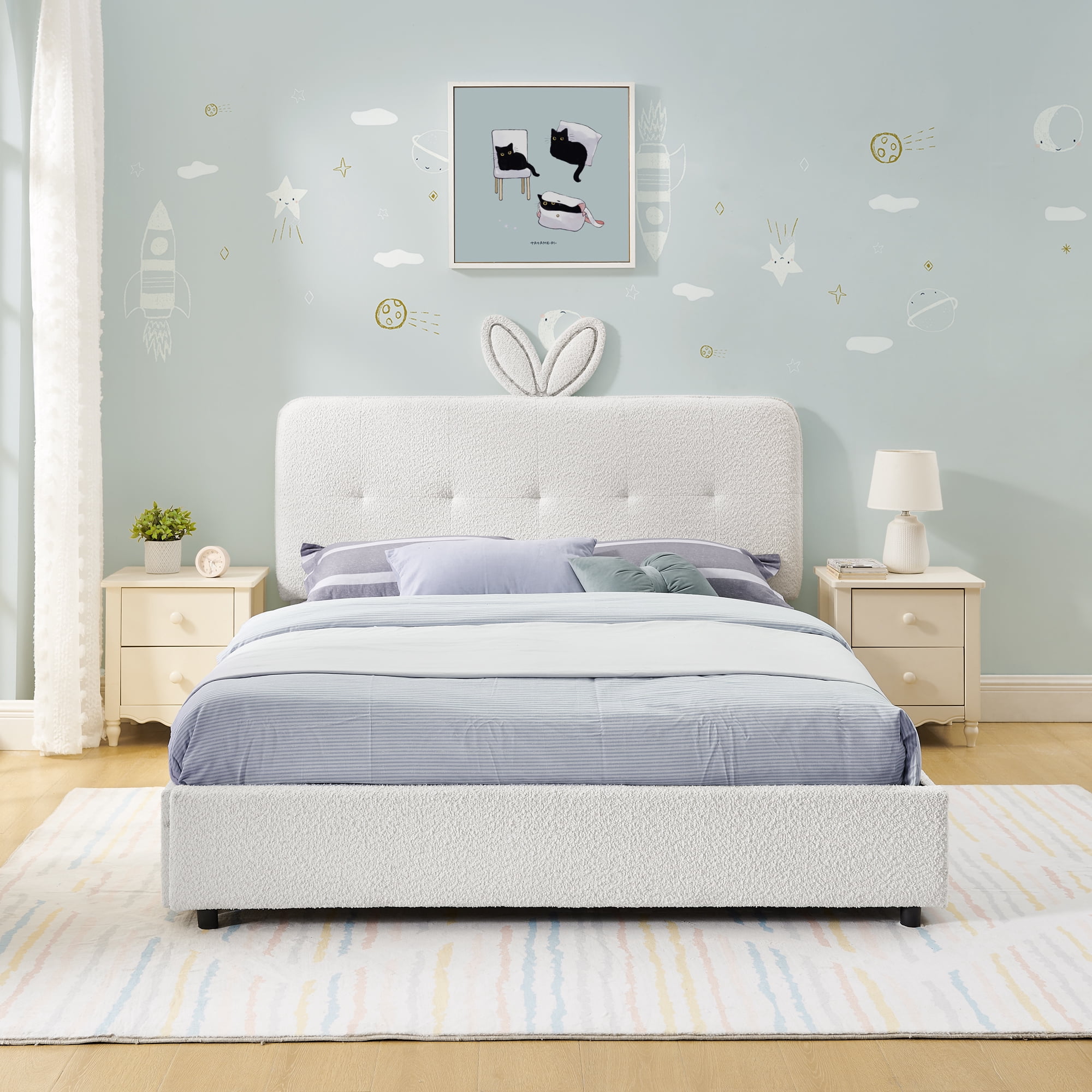 Mintazer Full Upholstered Kids Bed with Oversized Rabbit Ear Headboard, Boucle Fabric Platform Bed with LED Headboard & 4 Storage Drawers, Beige