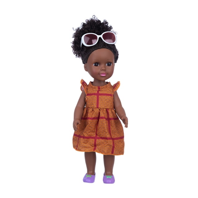 Juguete de muñeca africana para vestirse, decoración de estantería de pelo rizado para videojuegos, adorno decorativo de moda, regalo para Muñecas y casas de muñecas Vestido naranja a cuadros Vogacara FN011688-03