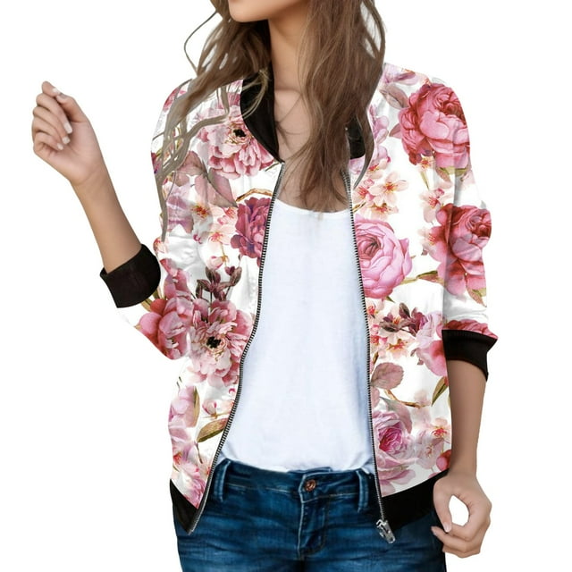 Gibobby Abrigos elástica Chaquetas diarias informales para mujer, chaqueta informal ligera con cremallera, abrigo con estampado Floral, cuello levantado, prendas de vestir deportivas (Rojo, XL)