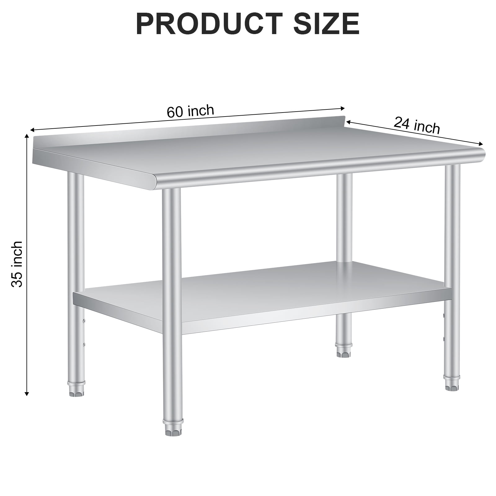 Stainless Steel Prep Table with Backsplash - Adjustable Undershelf - Commercial Kitchen Worktable for Restaurant, Home, Outdoor - Size 60x24 Inch