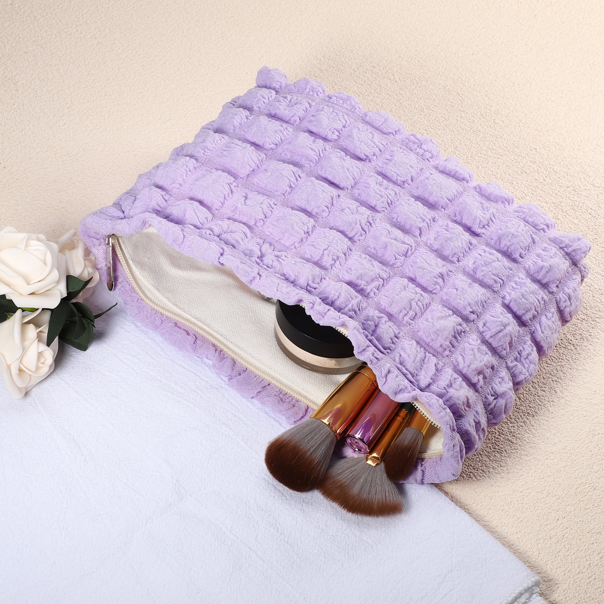 Unique Bargains Bubble Cloud Cosmetic Bag Zipper Checkered Makeup Bags Lipsticks Purple