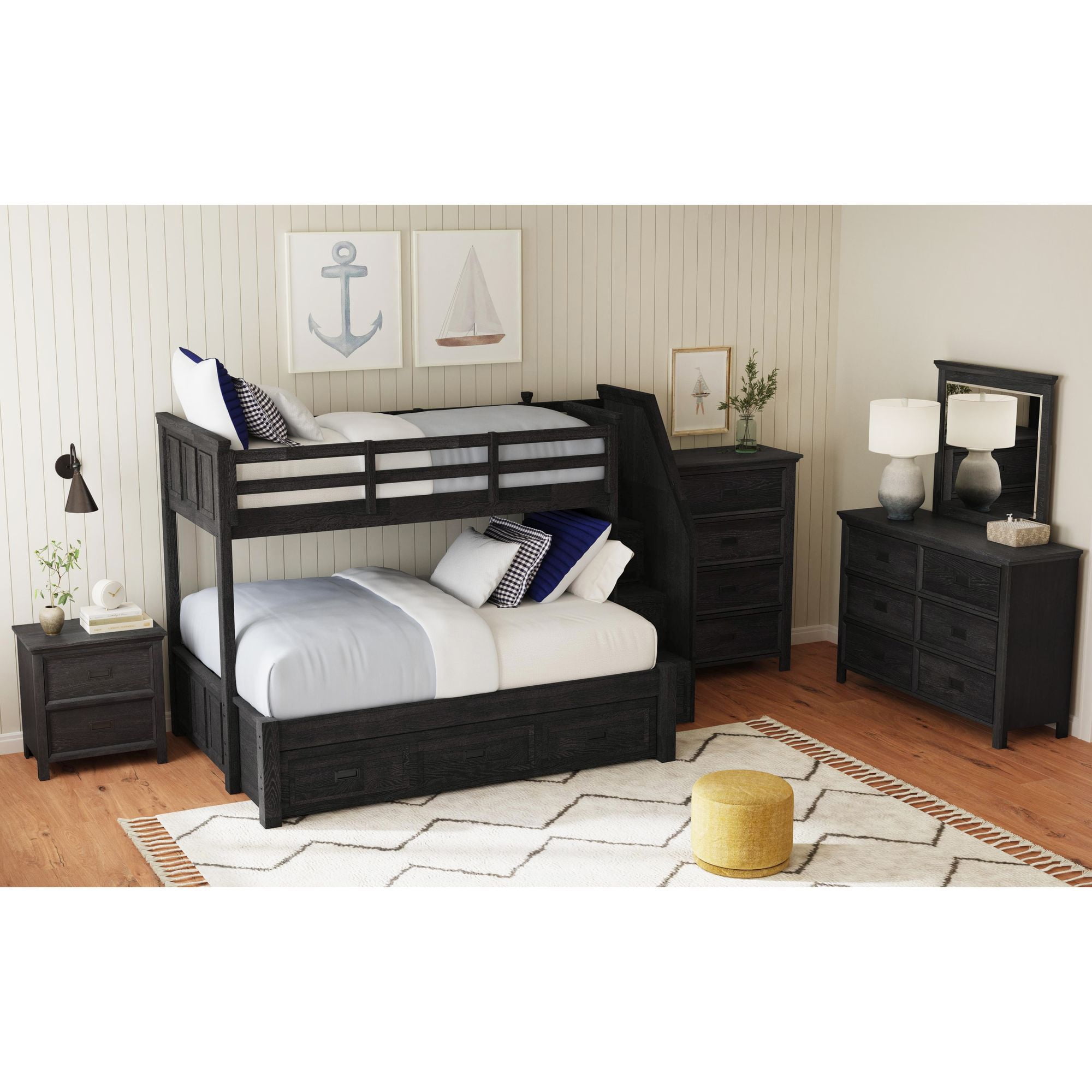 Brooklyn Kids Twin Over Full Bunk with Staircase and Trundle in Charcoal
