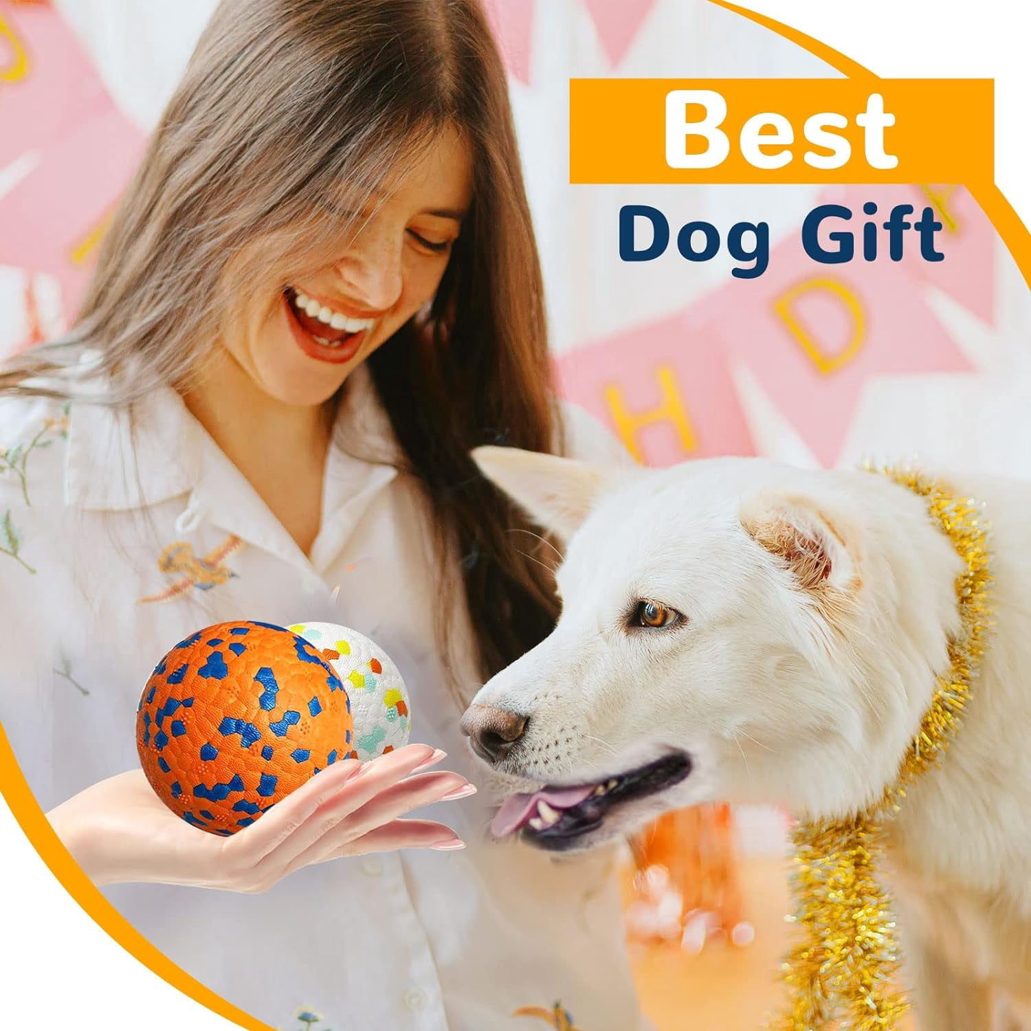 2 Pack Dog Balls Toys for Aggressive Chewers Indestructible Tennis Balls for Medium Large Dogs Water Toy Chew Ball Tough Durable Big Dog Toys Bouncing Ball for Dogs to Fetch, Orange+White