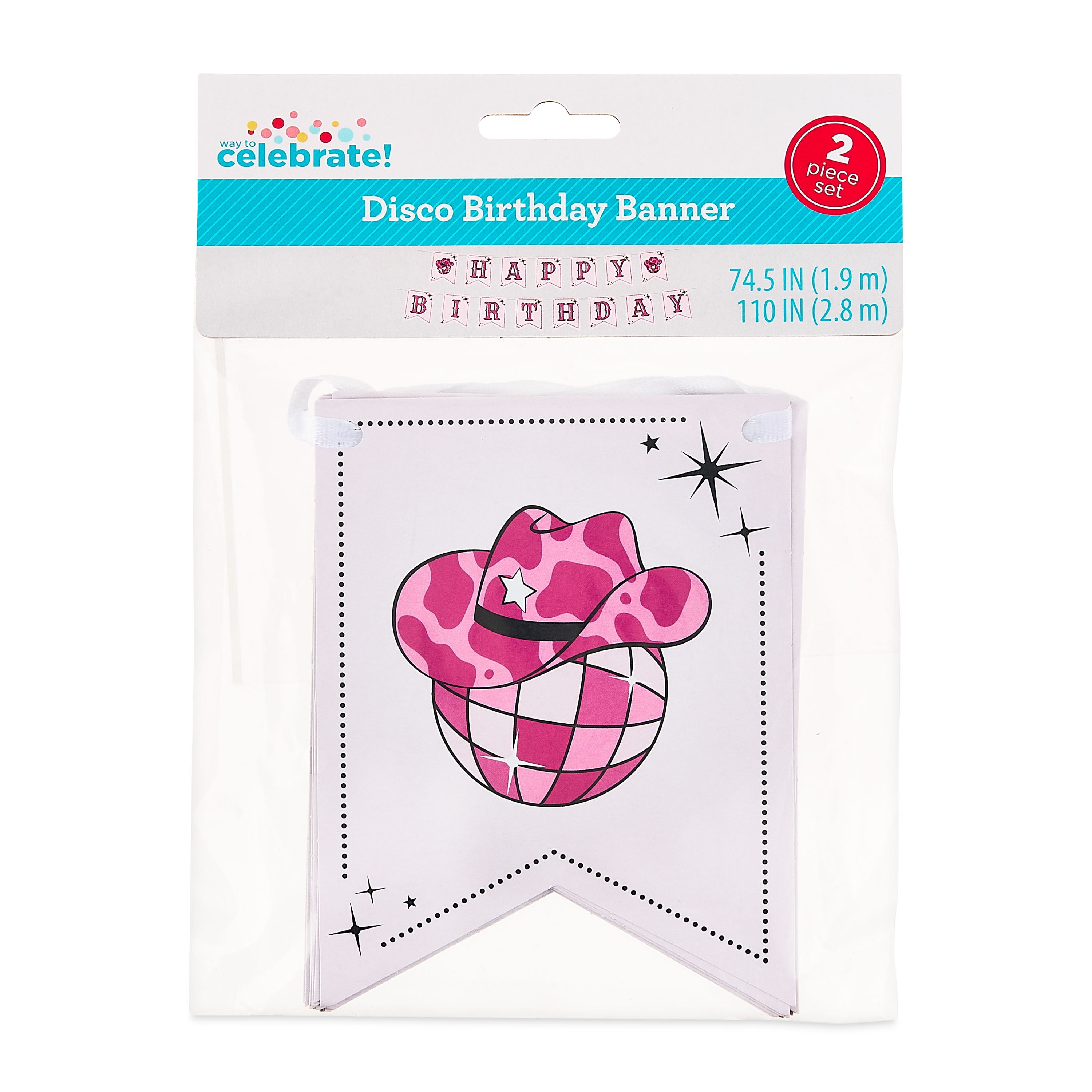 Pink/White Disco Cowgirl Happy Birthday Paper Banner Set, 2 Pieces, by Way To Celebrate