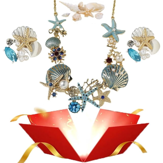 Collar de perlas de estrella de mar de concha, collar de perlas de estrella de mar boho, collar con colgante de océano, regalo de joyería para mujeres (azul-A)