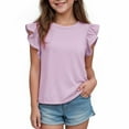 thumbnail image 2 of Povozer Girls Short Sleeve Oversized T Shirts Girls T Shirts Ruffle Sleeve Twist Front Tshirts Summer Casual Crewneck Tees Tops for 10-11 Years,Purple, 2 of 5