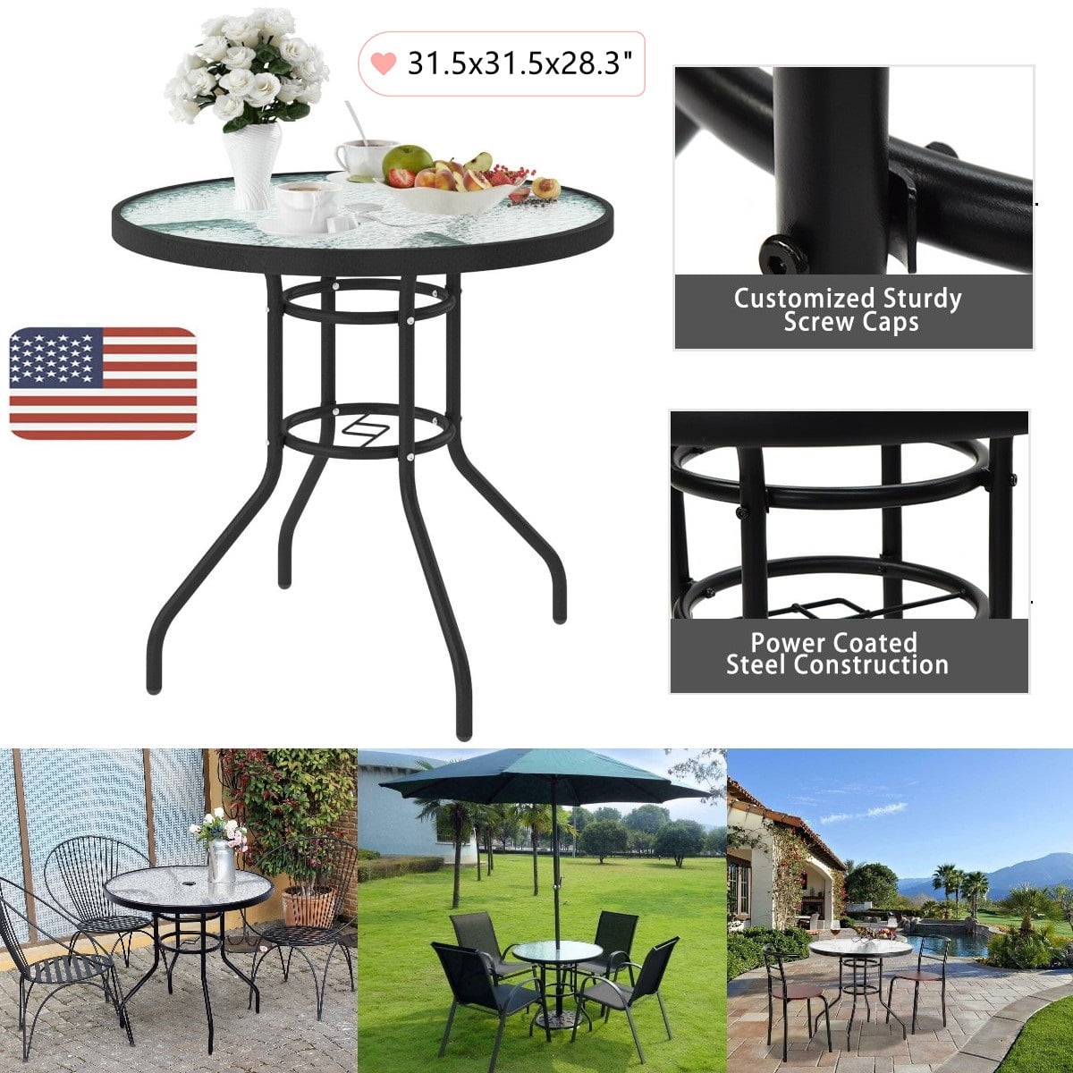 Goorabbit Patio Table Round Outdoor Bistro Table Tempered Glass Table Top For Garden Lawn,Black ...