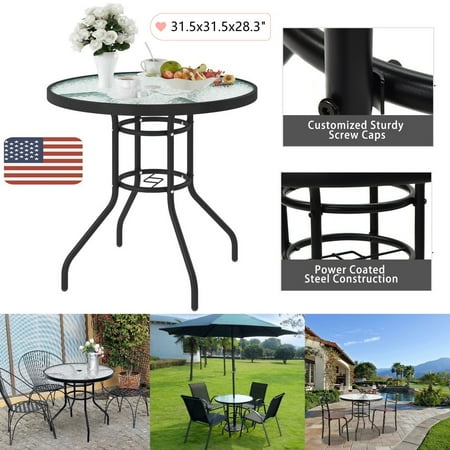 Goorabbit Patio Table Round Outdoor Bistro Table Tempered Glass Table Top For Garden Lawn Black