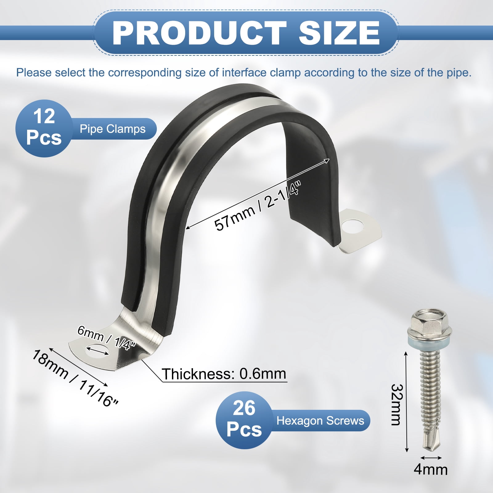 Uxcell 12Pcs Pipe Clamps, 2-1/4 Inch 304 Stainless Steel Rubber Cushioned U Bracket