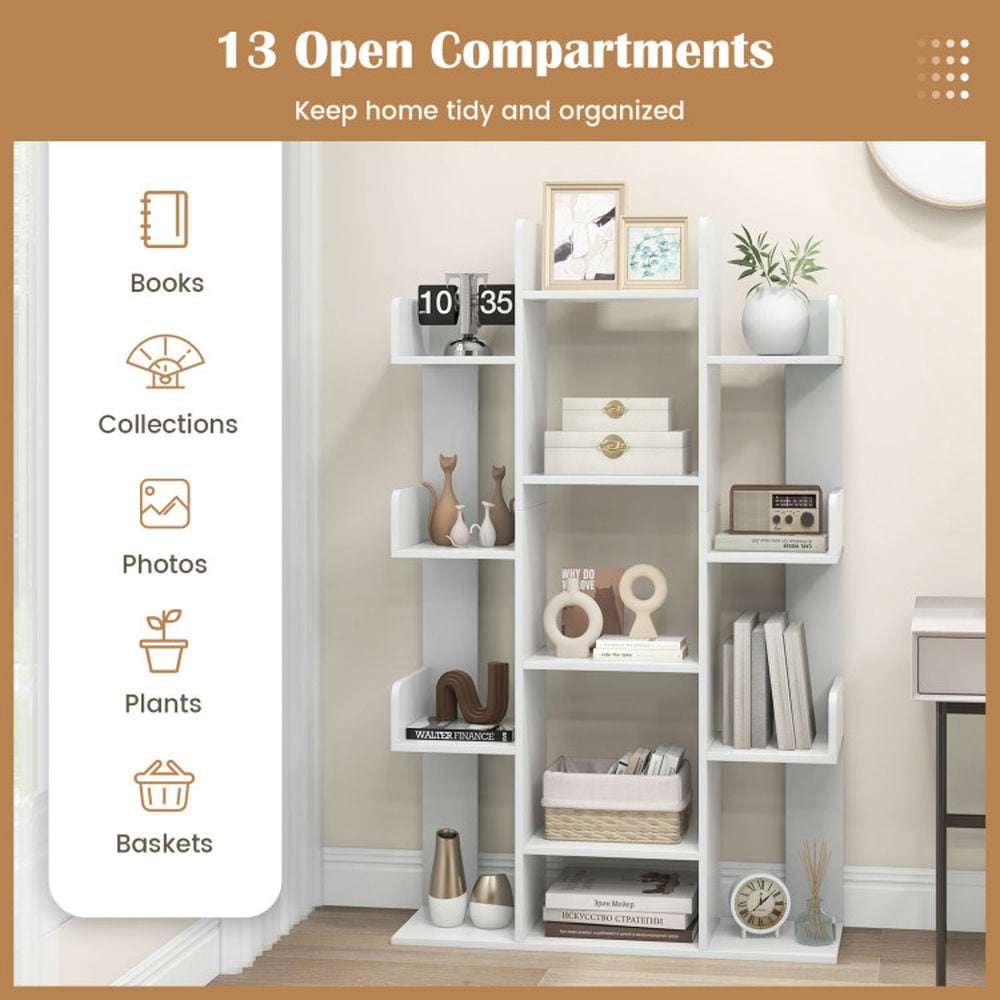 Demi Bonn 8-Tier Bookshelf Tree-Shaped Bookcase with 13 Open Compartments, White