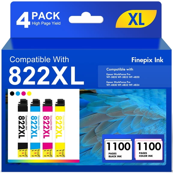 4 Pack 822 XL Ink Cartridges Compatible for Epson 822XL 822 Printer Ink Combo Pack for WorkForce Pro WF-3820 WF-4820 WF-4830 WF-4833 WF-4834 WF-3823 (Black, Cyan, Magenta, Yellow)