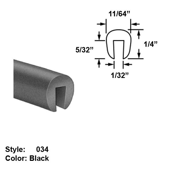 Style 035 1/4 x Wd 1/4 Neoprene Rubber U-Channel Push-On Trim Ht Black 25 ft long 