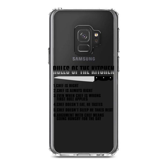 DistinctInk Clear Shockproof Hybrid Case for Samsung Galaxy S9 (5.8" Screen) - TPU Bumper Acrylic Back Tempered Glass Screen Protector - Rules of the Kitchen - Chef Is Right
