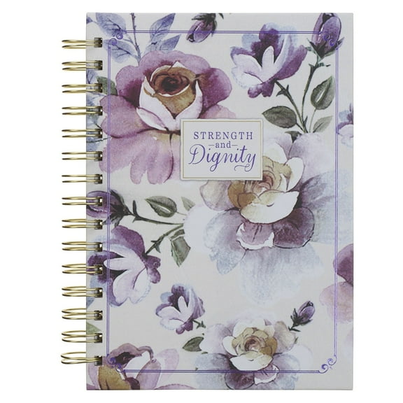 Christian Art Gifts Purple Floral Journal w/ Scripture for Women, Strength & Dignity Prov. 31:25 Bible Verse 192 Ruled Pages, Large Wirebound Notebook (8.4" x 6.4" x 1")