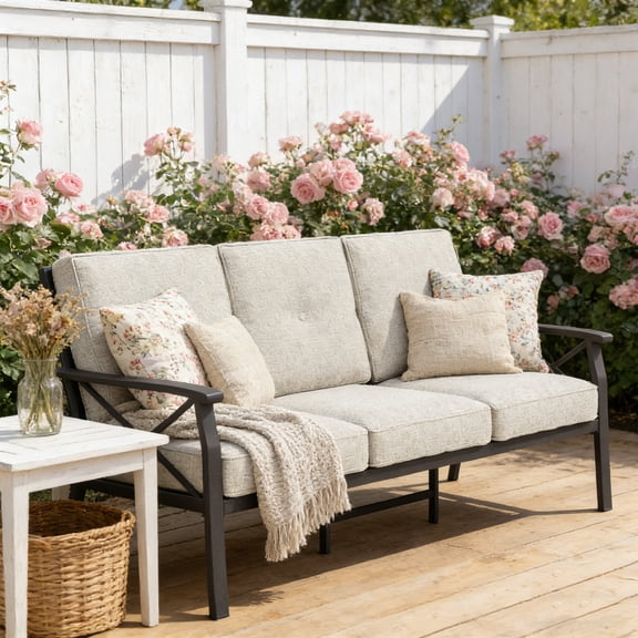 KIOOTTO Outdoor 3-Seat Sofa 70 Inch, Khaki All-Weather Metal Frame & Light Beige Cushions, Coastal Patio Furniture Set for Poolside, Resort Style
