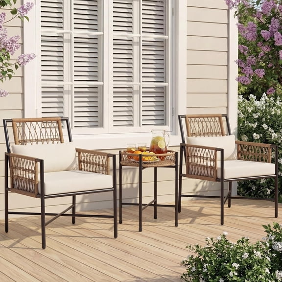 LAUSAINT HOME 3 Piece Metal Outdoor Bistro Set with Side Table and 2 Chairs, Beige Cushions