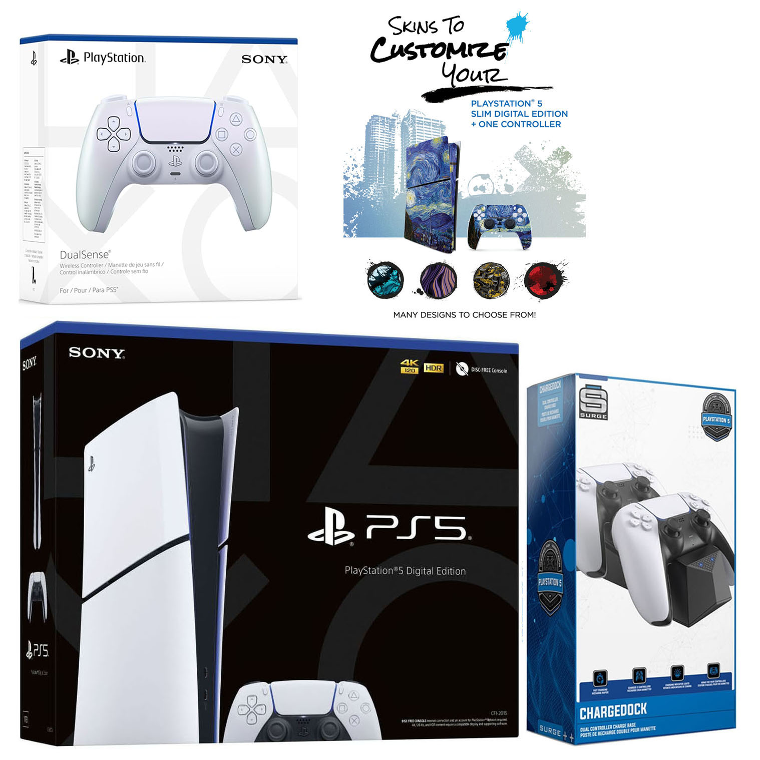 Sony Playstation 5 Slim Digital with Extra Chroma Pearl Controller, Dual Charging Dock and MightySkins Decal Voucher Plus 1 Year CPS Extended Warranty