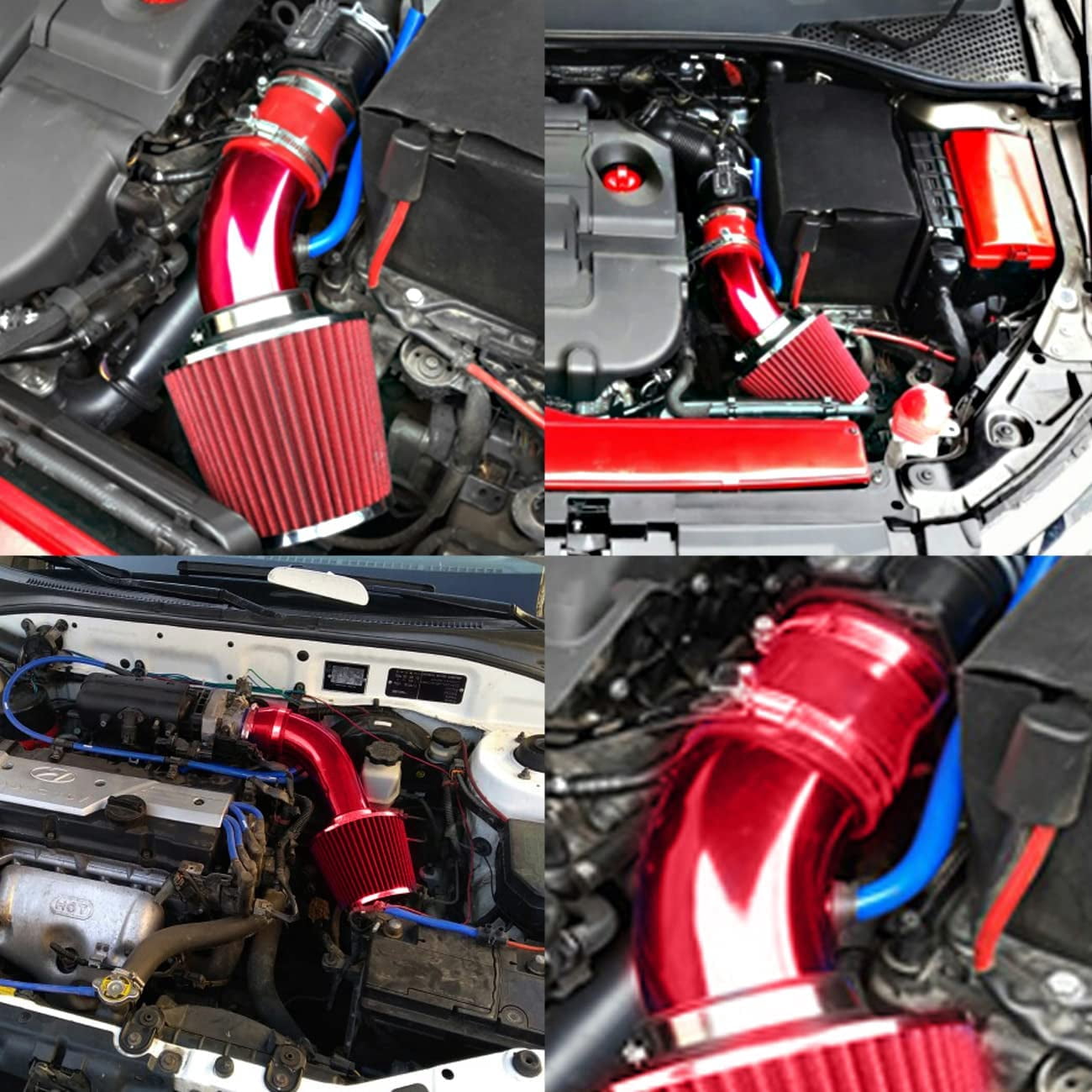 Universal Car Cool Air Intake Kit 3 Inch Diameter Pipe Aluminium Automotive Filter Induction Low Hose and Clamp Kits (Red)