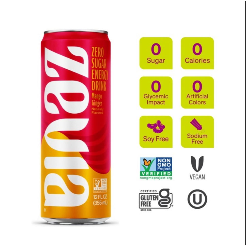 Zevia Zero Sugar, Mango Ginger Energy Drink, 12 Fl Oz (Pack of 12)