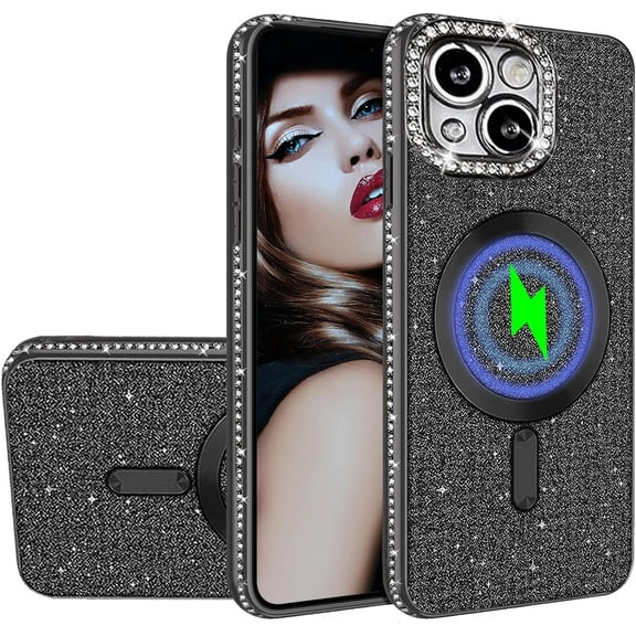 for iPhone 15 Glitter Case with Camera Lens Protector, Slim TPU Clear Magnetic Case with Magsafe Shiny Rhinestone Bling Sparkly Diamond Cover for iPhone 15 CZ Black